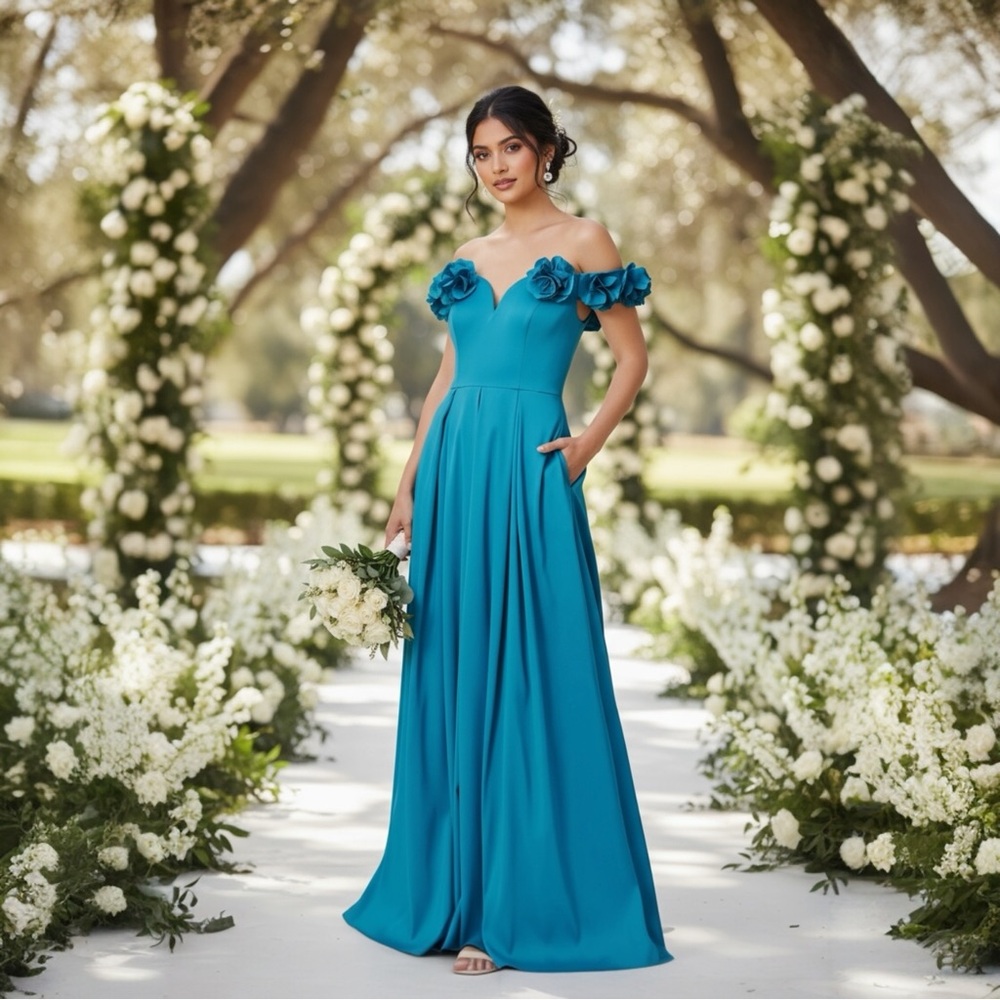 Aidan Mattox Off The Shoulder Formal Gown With Flower-Straps In Dazzlocean Blue